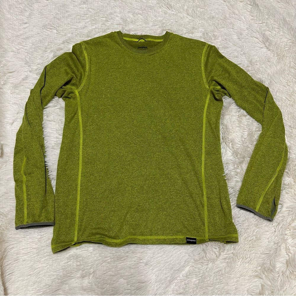 Patagonia Men's Long Sleeve Crew - Olive Green with Chartreuse Stitching